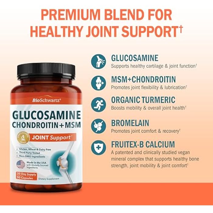 BioSchwartz Glucosamine Chondroitin MSM Joint Support Supplement - Collagen Peptides, Turmeric and Ginger, Hyaluronic Acid, Glucosamine Chondroitin Sulfate for Joint Comfort - Gluten Free, Non GMO, 90 Capsules - Image 3