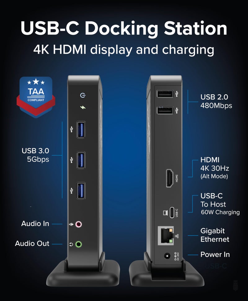 Plugable USB-C Dock with 4K HDMI and 60W Charging, Compatible with Thunderbolt 3/4, USB4, and USB C macOS, Windows, and Chromebook 1Gbps Ethernet, 3X USB 3.0, 2X USB 2.0, Driverless - Image 2