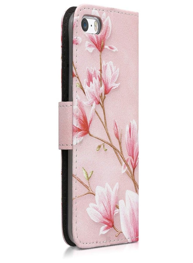 kwmobile Wallet Case Compatible with Apple iPhone SE (1.Gen 2016) / iPhone 5 / iPhone 5S Case for Phone - Magnolias Pink/White/Dusty Pink - Image 3