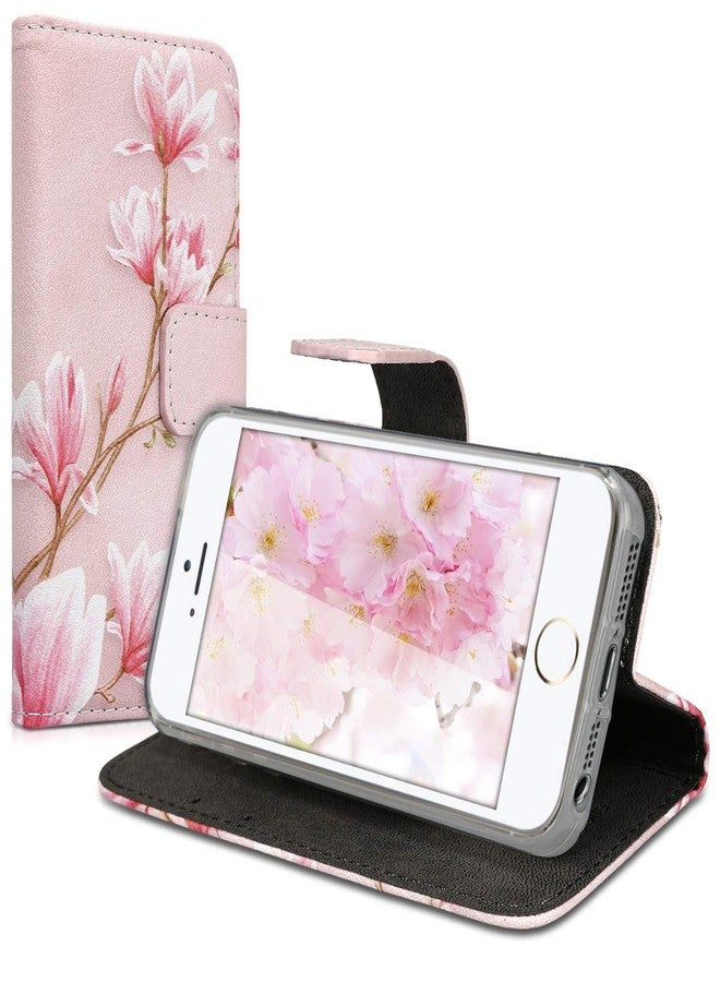 kwmobile Wallet Case Compatible with Apple iPhone SE (1.Gen 2016) / iPhone 5 / iPhone 5S Case for Phone - Magnolias Pink/White/Dusty Pink - Image 5