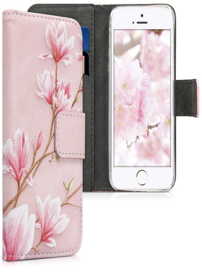 kwmobile Wallet Case Compatible with Apple iPhone SE (1.Gen 2016) / iPhone 5 / iPhone 5S Case for Phone - Magnolias Pink/White/Dusty Pink - Image 1