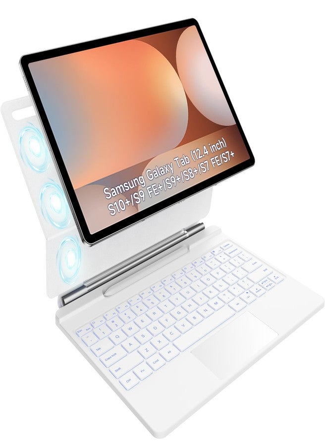 HOU Keyboard for Samsung Galaxy Tab S10+ Plus/S9+ Plus/S9 FE+ Plus/S8+ Plus/S7+ Plus/S7 FE 12.4" with Magnetic Case,Floating Cantilever,Multi-Function Trackpad,7 Colors Backlit,S Pen Holder,White - Image 1