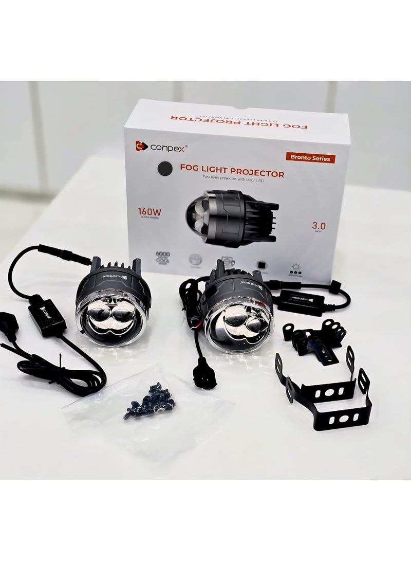 كونبيكس كشافات ضباب بروجيكتور Conpex Bronte Series بحجم 3.0، قدرة 160 واط LED، باللون الأسود، طقم عدد 2 مع طقم التثبيت – مصابيح ضباب عالية الأداء للسيارات - Image 1