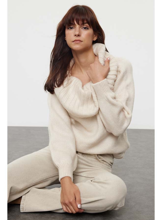 trendyol Stone Wide Pattern Soft Texture Cowl Collar Knitwear Sweater TWOAW25KZ00052  - Image 1