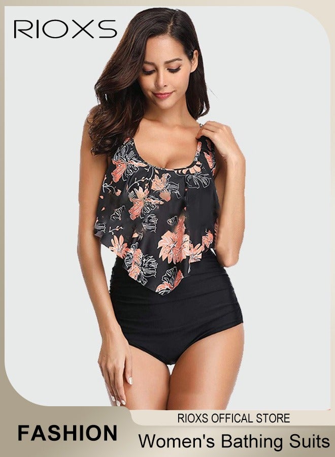 RIOXS Women's Fashion Separate Swimwears Two-Piece Printing Swimsuits Ruffled Flounce Top Summer Backless Tankini Bathing Suits Ladies High Waisted Swimwear - Image 3