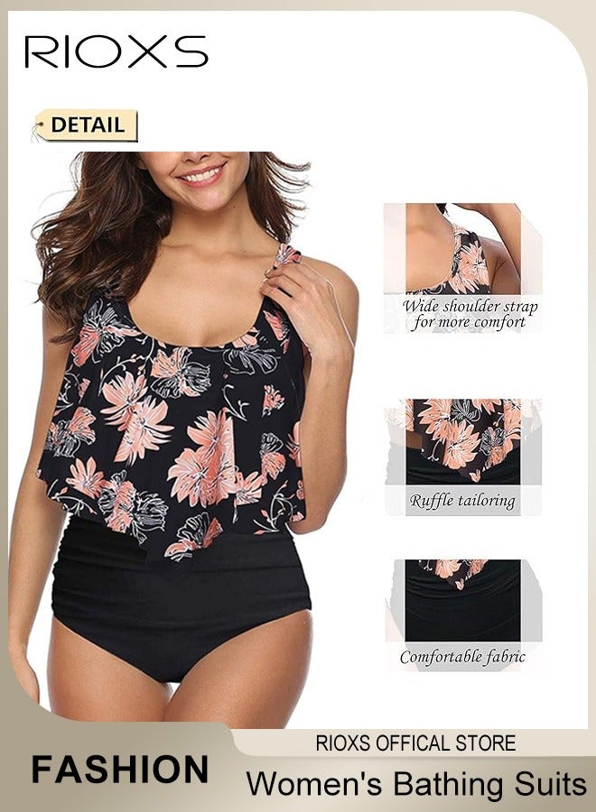 RIOXS Women's Fashion Separate Swimwears Two-Piece Printing Swimsuits Ruffled Flounce Top Summer Backless Tankini Bathing Suits Ladies High Waisted Swimwear - Image 4
