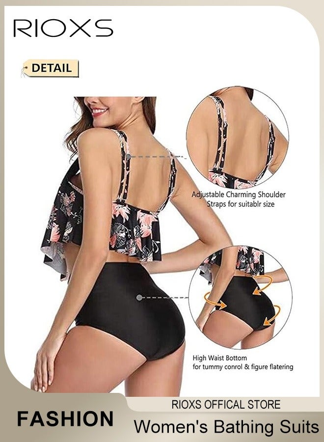 RIOXS Women's Fashion Separate Swimwears Two-Piece Printing Swimsuits Ruffled Flounce Top Summer Backless Tankini Bathing Suits Ladies High Waisted Swimwear - Image 5