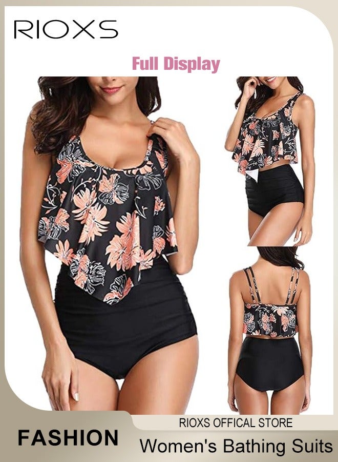 Women's Fashion Separate Swimwears Two-Piece Printing Swimsuits Ruffled Flounce Top Summer Backless Tankini Bathing Suits Ladies High Waisted Swimwear
