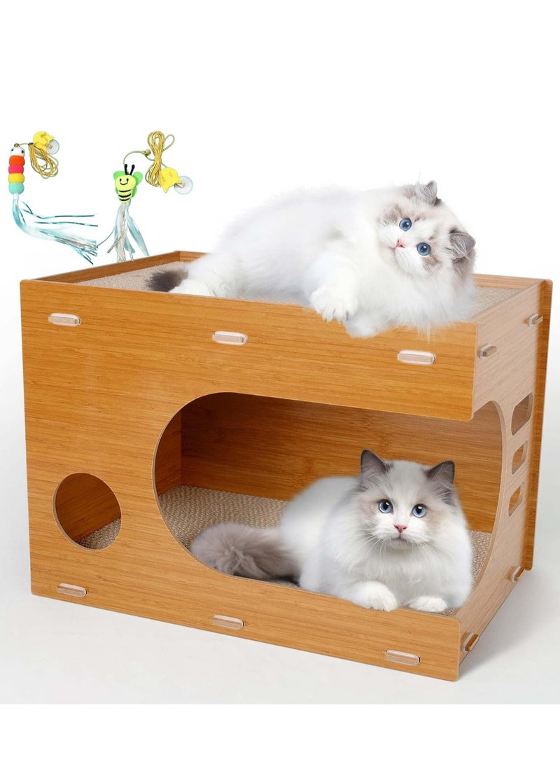 Next Vogue Next Vogue Cat Scratcher Lounge, Wooden Cat Scratcher House with Cardboard Pad, Double Layer Indoor Cat Home for Multi Cats Family Comes with 2 Pcs Door Hanging Cat Toys  - Image 1