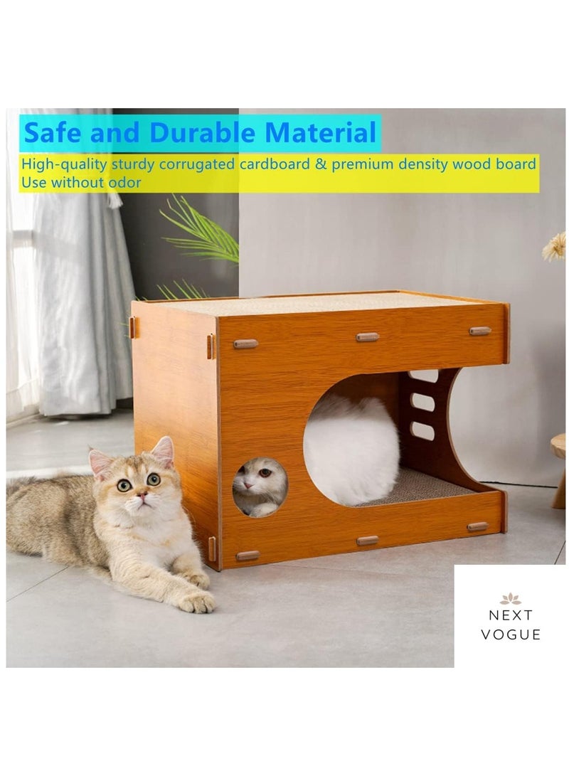 Next Vogue Next Vogue Cat Scratcher Lounge, Wooden Cat Scratcher House with Cardboard Pad, Double Layer Indoor Cat Home for Multi Cats Family Comes with 2 Pcs Door Hanging Cat Toys  - Image 2