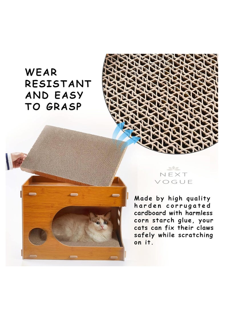 Next Vogue Next Vogue Cat Scratcher Lounge, Wooden Cat Scratcher House with Cardboard Pad, Double Layer Indoor Cat Home for Multi Cats Family Comes with 2 Pcs Door Hanging Cat Toys  - Image 3