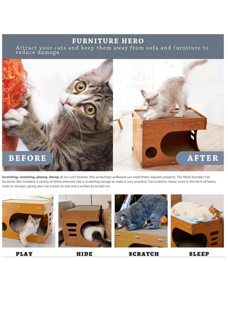 Next Vogue Cat Scratcher Lounge, Wooden Cat Scratcher House with Cardboard Pad, Double Layer Indoor Cat Home for Multi Cats Family Comes with 2 Pcs Door Hanging Cat Toys