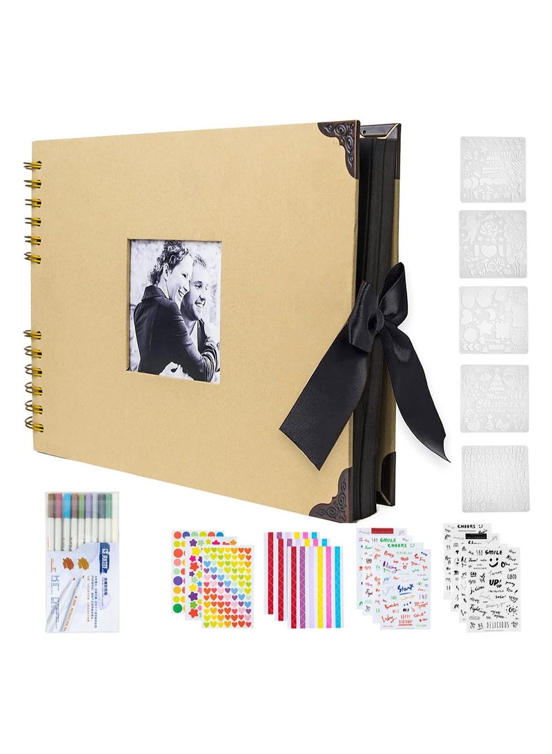 Relex Scrapbook Album, 80 Page Hardcover Scrap Book Black Craft Paper, DIY Handmade Scrapbooking Kit Inclued Stickers, Artboards, and Crayons for Wedding, Anniversary, Graduation, Travelling (Kraft) - Image 1