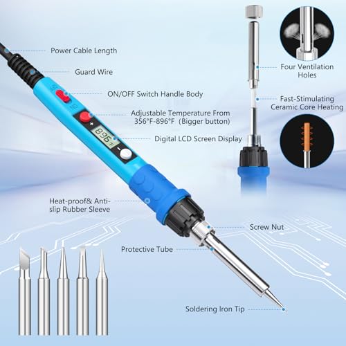 Q-MING Soldering Iron Kit, 80W 110V LCD Digital Solder Iron Pen with Ceramic Heater, Portable Welding Tools with 5pcs Tips, Stand, Solders Wire, Sponge, Paste, for Metal,Electric Repairs, DIY - Image 2