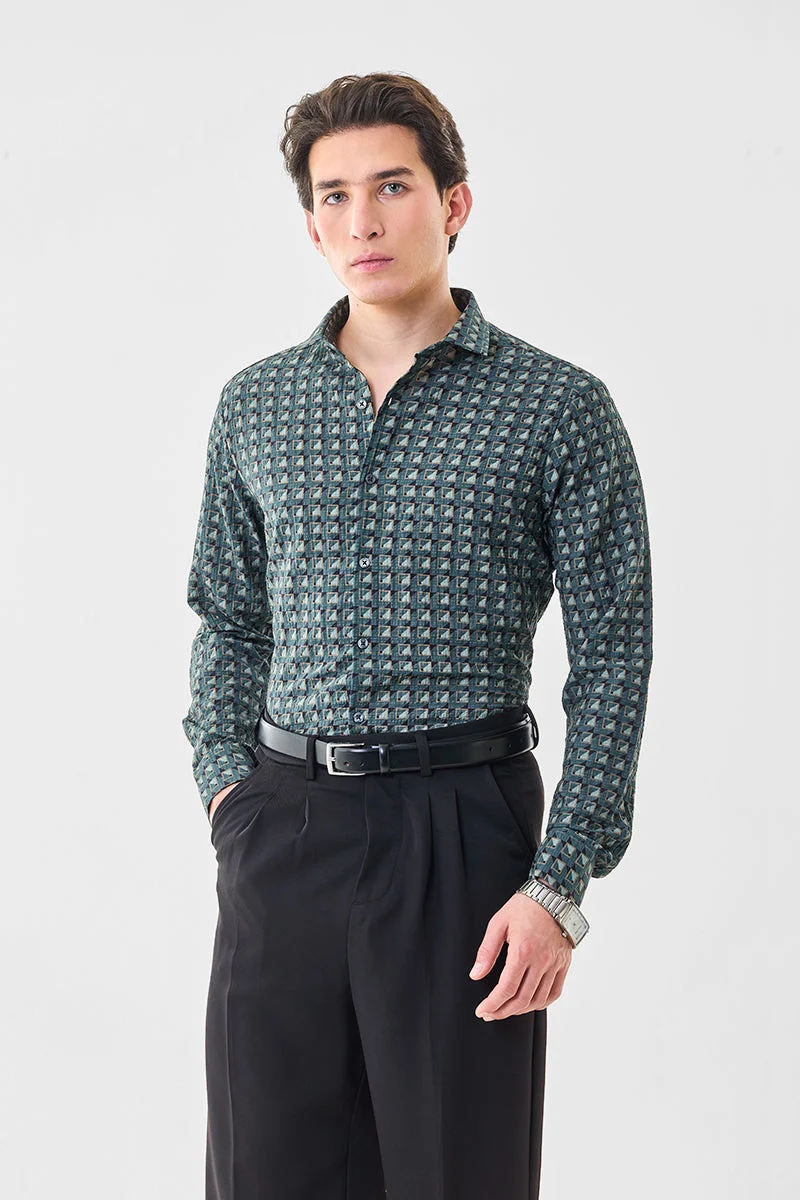 SNITCH Dark Green Geometric Long Sleeve Slim Fit Shirt