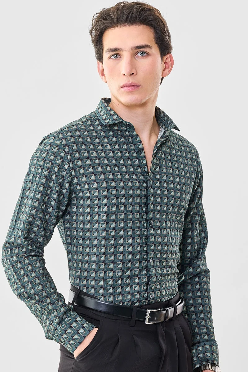سنيتش Dark Green Geometric Long Sleeve Slim Fit Shirt