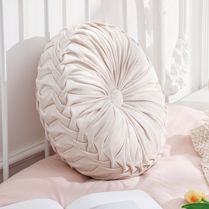 Drydiet 1 Pcs Round Throw Pillows Decorative Velvet Pleated Throw Pillows 15'' Diameter Accent Pumpkin Boho Chair Cushion for Couch Sofa Chair Bed Home Decoration (White) - Image 1