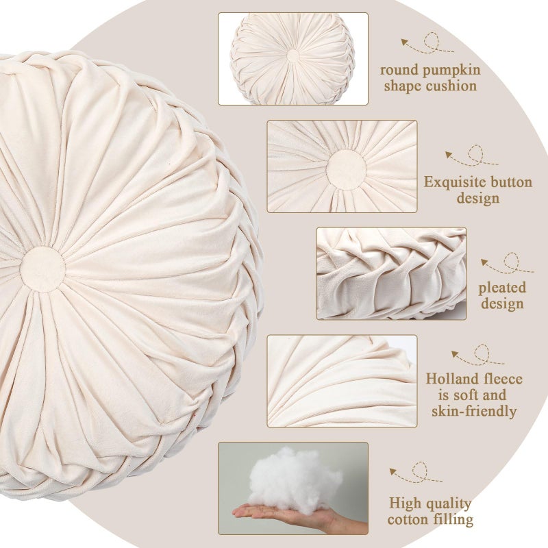 Drydiet 1 Pcs Round Throw Pillows Decorative Velvet Pleated Throw Pillows 15'' Diameter Accent Pumpkin Boho Chair Cushion for Couch Sofa Chair Bed Home Decoration (White) - Image 3