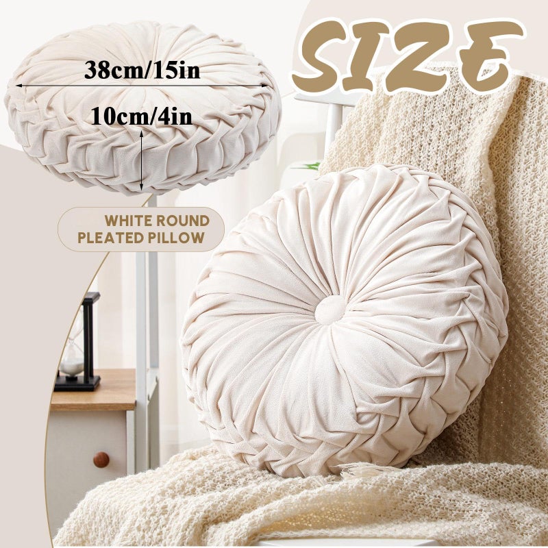 Drydiet 1 Pcs Round Throw Pillows Decorative Velvet Pleated Throw Pillows 15'' Diameter Accent Pumpkin Boho Chair Cushion for Couch Sofa Chair Bed Home Decoration (White) - Image 2