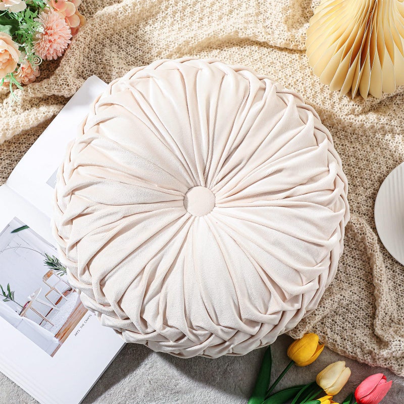 Drydiet 1 Pcs Round Throw Pillows Decorative Velvet Pleated Throw Pillows 15'' Diameter Accent Pumpkin Boho Chair Cushion for Couch Sofa Chair Bed Home Decoration (White) - Image 5