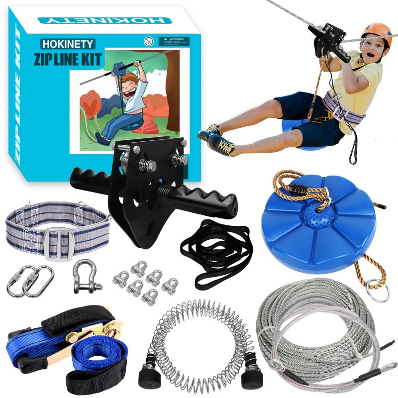 HOKINETY Zip Line Kit for Kids Adults 76FT Up to 380Lbs Quick Setup Zipline for Backyard Outdoor with 100 Rust Proof Removable Trolley Ratchet System Swing Seat Safety Belt Spring Brake - Image 3