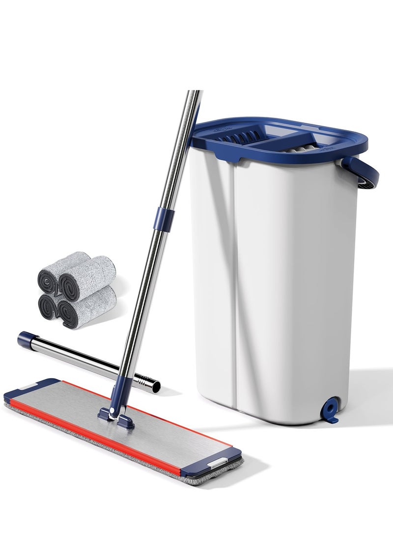 Large Mop and Bucket with Wringer Set for Home, Hands Free Flat Floor Mop and Bucket System with 4 Washable Microfiber Pads, Wet and Dry Use, Mops for Floor Cleaning, Two Bucket Mop System - Image 1