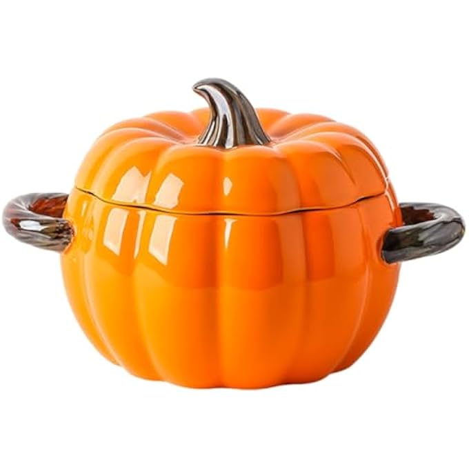 rayihni Pumpkin Pottery Dutch Oven Pot With Lid Mini Baking Dish CasseroleOven Safe Bowls For Soup Casserole Dish Dessert Saucepan With Double Handle Orange - Image 1