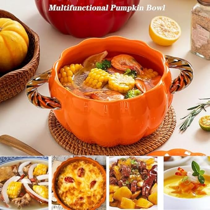 rayihni Pumpkin Pottery Dutch Oven Pot With Lid Mini Baking Dish CasseroleOven Safe Bowls For Soup Casserole Dish Dessert Saucepan With Double Handle Orange - Image 4