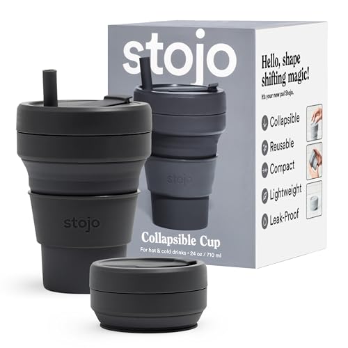 Stojo STOJO Collapsible Travel Cup  Reusable ToGo Pocket Size Silicone Bottle for Hot and Cold Drinks  Perfect for Camping  Microwave  Dishwasher Safe Carbon 24 Ounce Pack of 1 