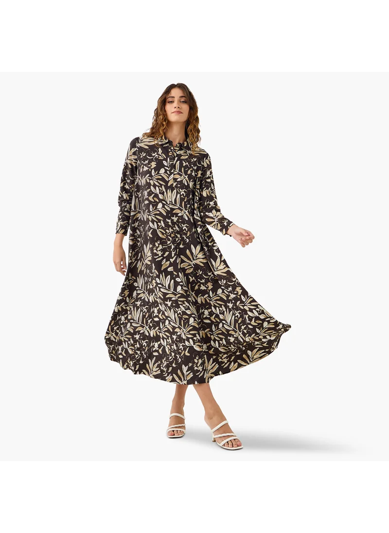 Iconic Iconic Floral Print Trapeze Midi Dress with Collar and Long Sleeves