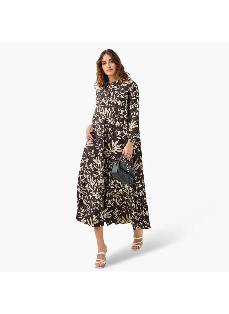 Iconic Iconic Floral Print Trapeze Midi Dress with Collar and Long Sleeves