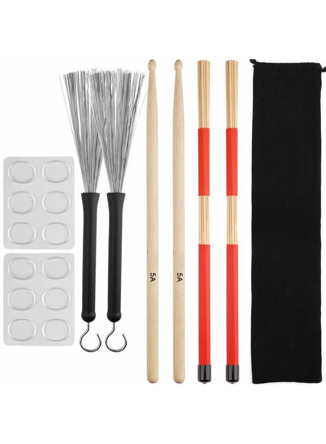 Eison Drum Sticks Set,5A Wood Drum Sticks,Drum Rods Brushes,Retractable Drum Wire Brushes,12PCS Drum Dampeners with Portable Bag,Drumsticks Gift Sets for Beginners Drummer Practice - Image 1
