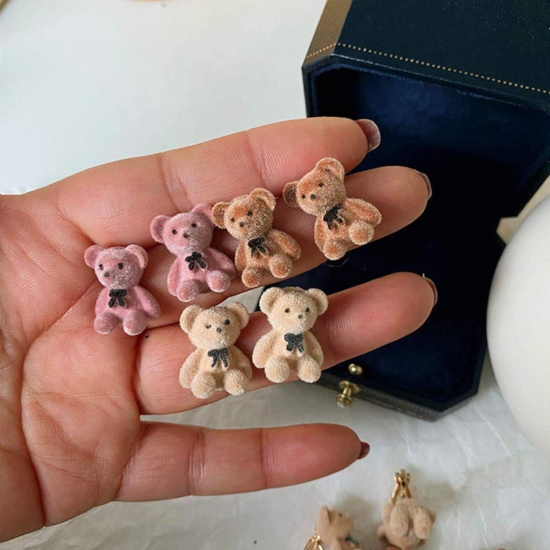 Pingyongchang 3 Pairs Kawaii Funny Plush Bear Stud Earrings Cute Cartoon Animal Bowknot Bear Earring for Women Fashion Jewelry - Image 3