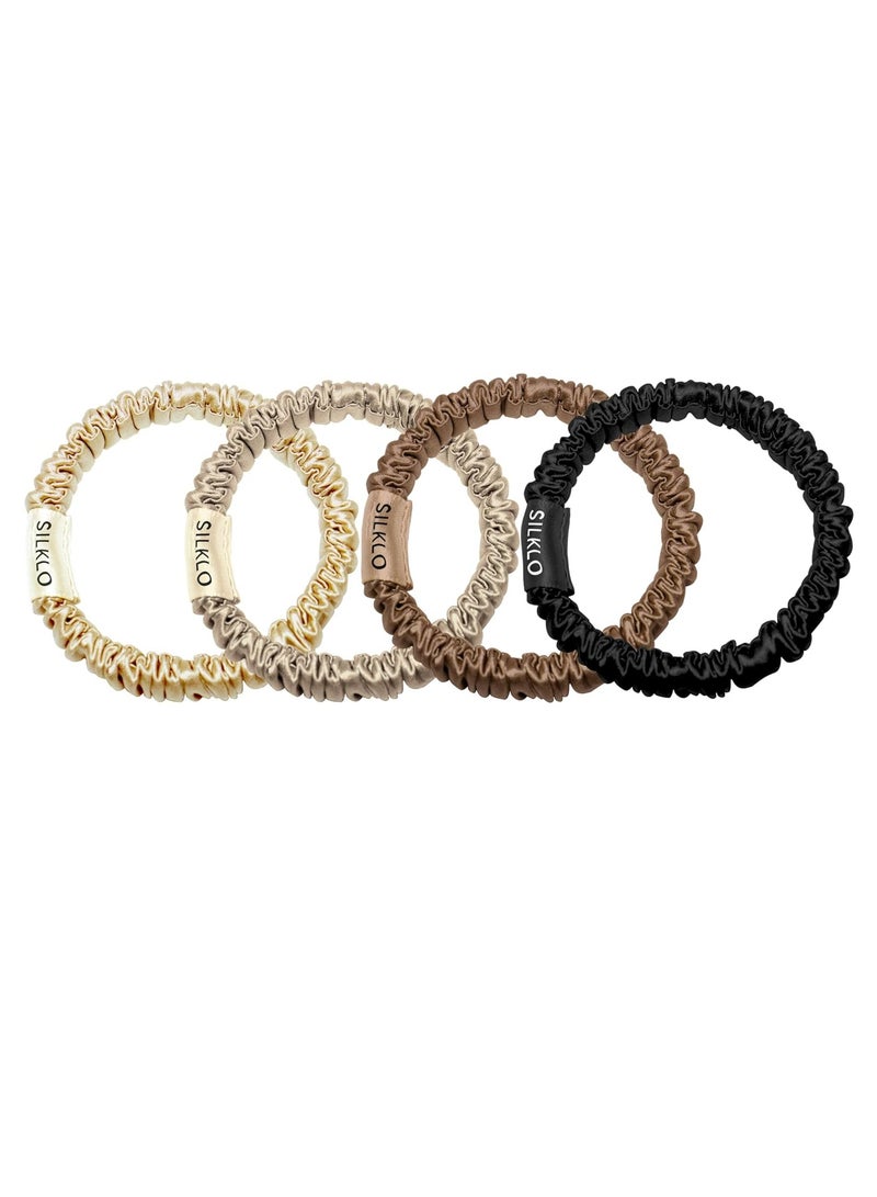 إيلور إيلاور سيلكلو ربطات شعر حريرية، 100% من حرير التوت النقي 22 موميه، مضادة لتساقط الشعر، لا تسبب تكسر الشعر، مضادة للتجعد والتجعيد، إكسسوارات شعر، 4 قطع (بني، أسود، بني فاتح، شامبين) - Image 1