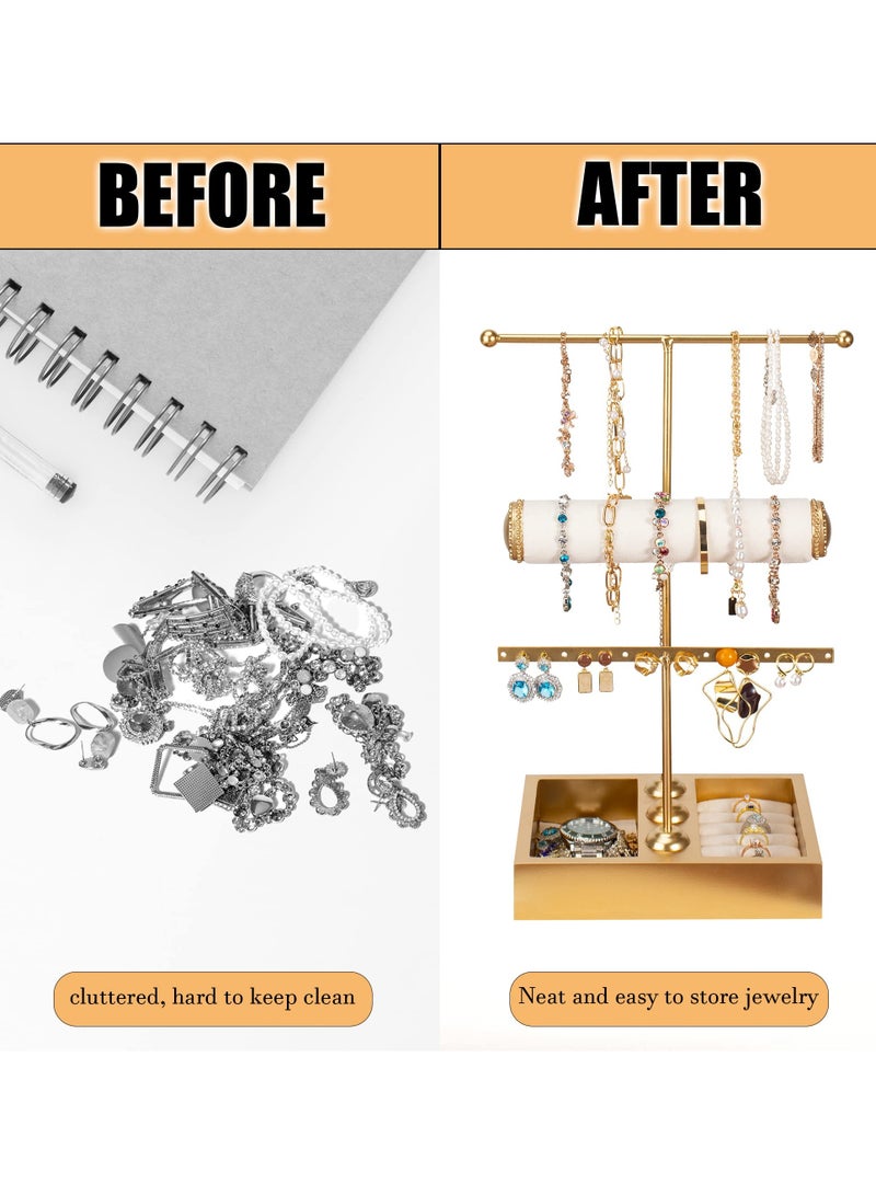 KASTWAVE Jewelry Organizer Stand T Shaped Jewelry Holder Stand Necklace Holder Stand 3 Tier Jewelry Tree Stand Jewelry Display Rack for Stud Earring Bracelet Watch Necklace Ring - Image 5