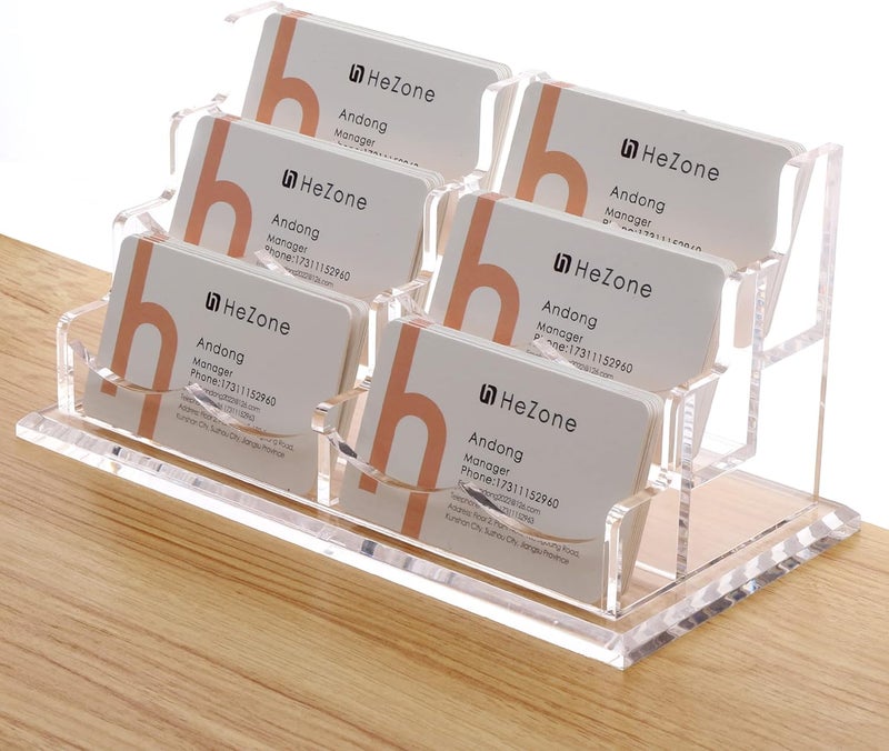 HeZone Business Cards Holder Display for Desk, Clear Acrylic Multiple 3 Tier 6 Slot Business Card Stand, Holds 300 Cards-1 Pack (6 Slots-H) - Image 1