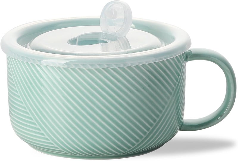 Adewnest Oversized Soup Bowl with Handle: 38 oz Ceramic Soup Mug with Lid - Microwave Safe Jumbo Food Storage Container for Ramen Cereal Breakfast Meal Prep Office Lunch Dorm Living - Mint Green 6 In - Image 1