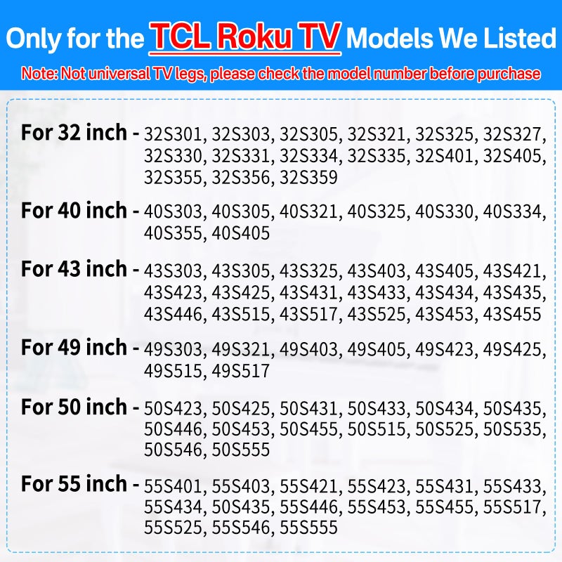 Chunxiao أرجل تلفزيون مطورة لتلفزيونات TCL Roku 32" 40" 43" 49" 50" 55" ثقب - قاعدة تلفزيون لتلفزيونات TCL Roku، أرجل بديلة لتلفزيون مع مجموعات براغي سهلة التركيب - Image 2