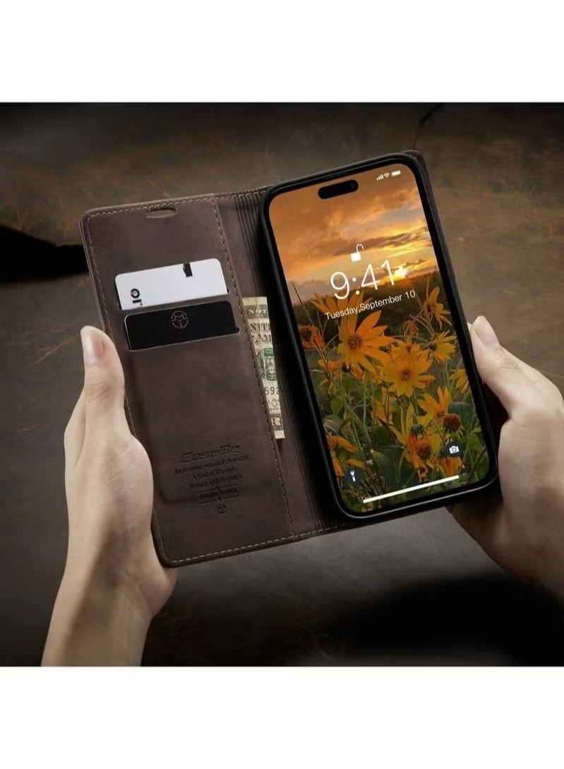 CaseMe iPhone 15 Pro Leather Case Wallet Flip Cover Card Slots Magnetic Closure Stand Phone Holder Function Fold Shockproof Protective Full Protection Anti-drop Anti-scratch Accessory For iphone 15 Pro - Image 4