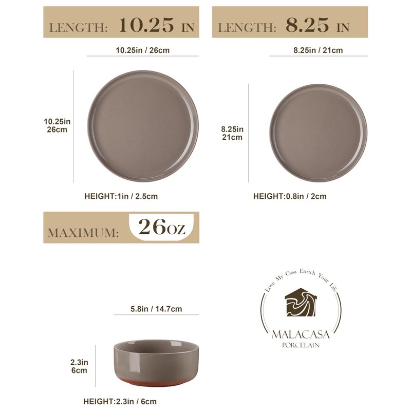 MALACASA Plates and Bowls Sets, 18 Pieces Modern Ceramic Dinnerware Set for 6 Kitchen Dinner Set Stoneware Dishware Dishes Set Microwave and Dishwasher Safe, Brown, Series TARA - Image 2
