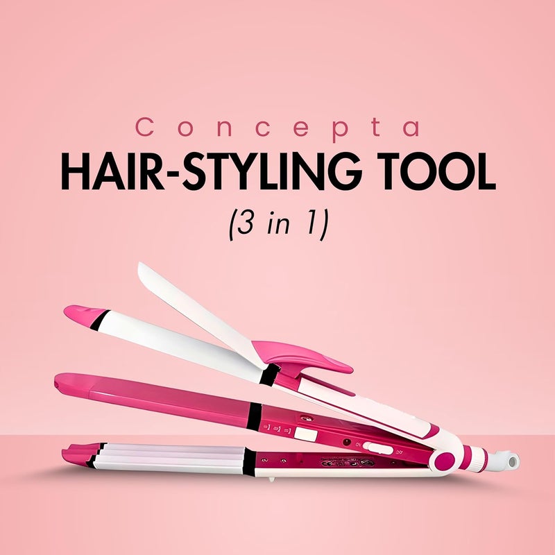 Concepta 3 in 1 Hair Straightener, Curler and Crimping Tool – Ceramic Hair Straightening Machine and Styler for Smooth, Curled & Crimped Hair (White & Pink) - Image 2