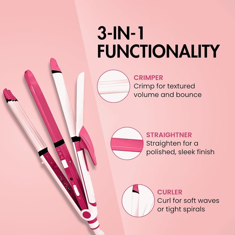 Concepta 3 in 1 Hair Straightener, Curler and Crimping Tool – Ceramic Hair Straightening Machine and Styler for Smooth, Curled & Crimped Hair (White & Pink) - Image 4