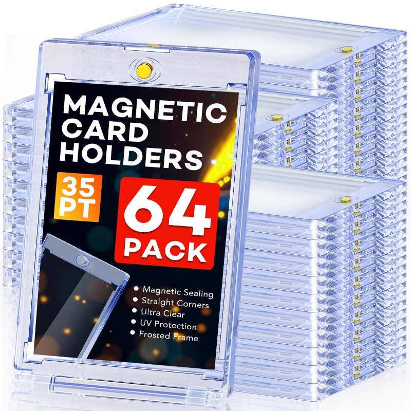 ZENOWICK 64ct Magnetic Card Holders, 35pt One Touch Card Holder, U-V Protection Hard Plastic Case for Trading Cards, Display Case for Sports, Baseball, Football, Game Cards - Image 1
