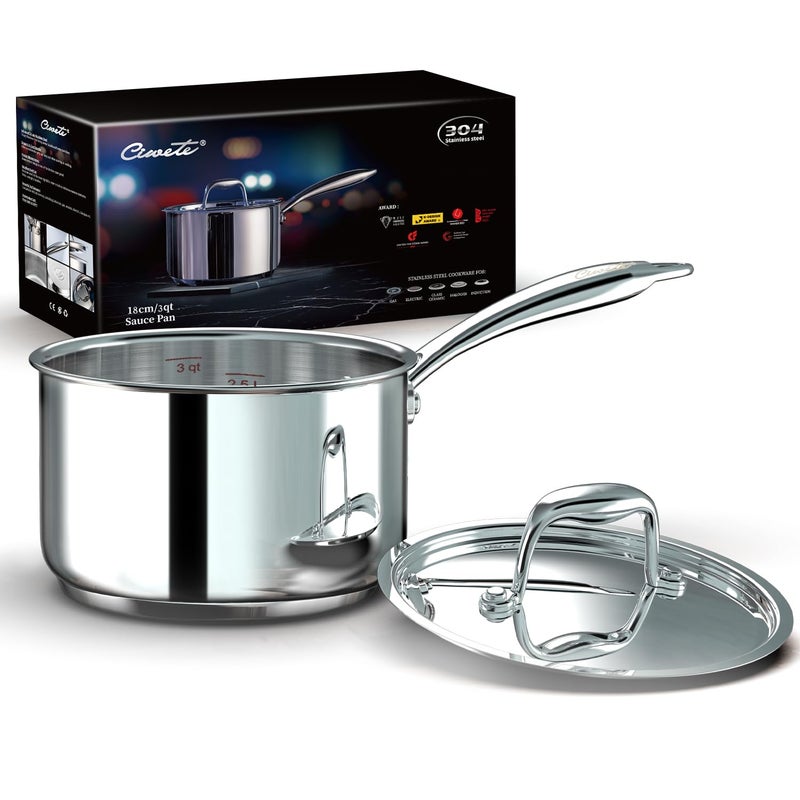 Ciwete 3 Qt Saucepan with Lid - Upgraded Package - 3 Quart 18/10 Stainless Steel Sauce Pan with Mirror Polishing and 2 Sacles, Induction Cookware, Small Pot for Cooking, Dishwasher Safe Oven Safe - Image 1