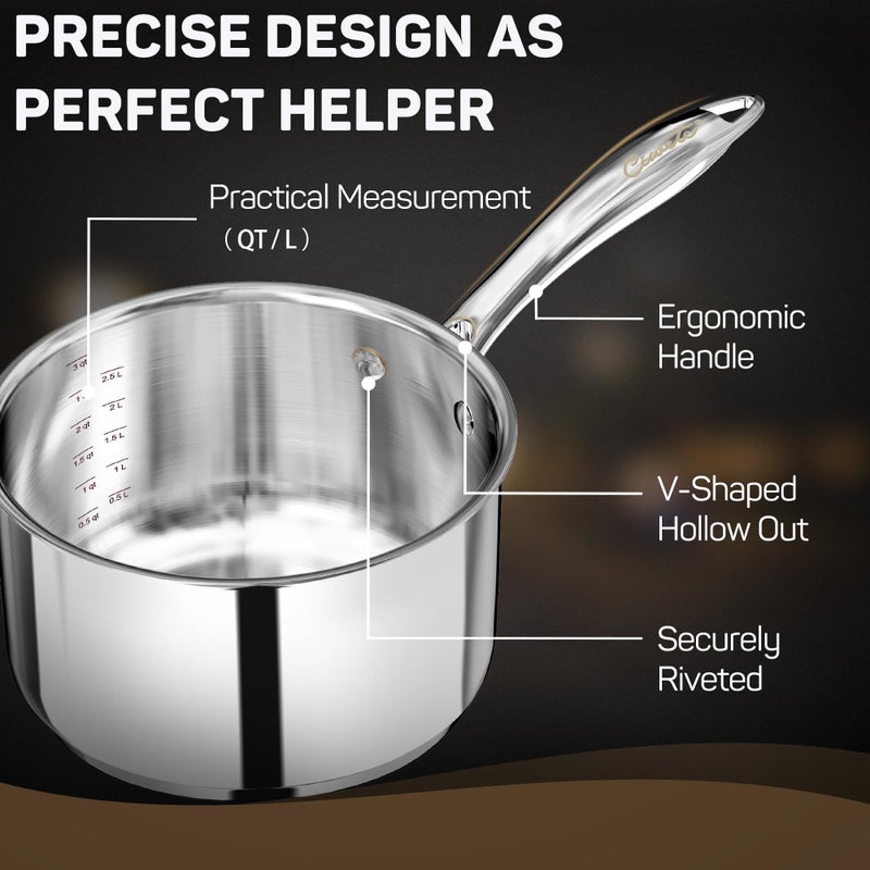 Ciwete 3 Qt Saucepan with Lid - Upgraded Package - 3 Quart 18/10 Stainless Steel Sauce Pan with Mirror Polishing and 2 Sacles, Induction Cookware, Small Pot for Cooking, Dishwasher Safe Oven Safe - Image 3