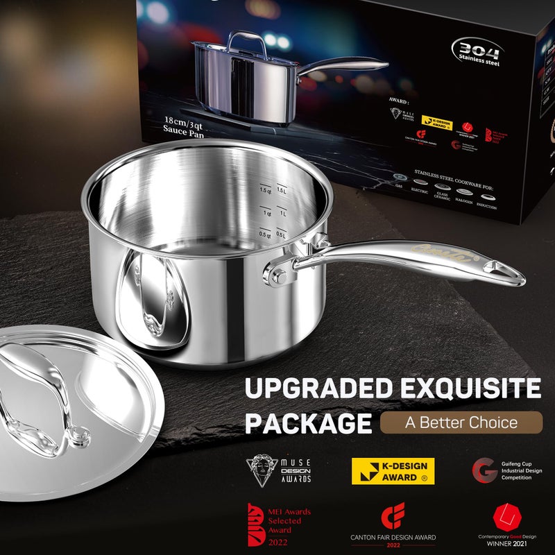 Ciwete 3 Qt Saucepan with Lid - Upgraded Package - 3 Quart 18/10 Stainless Steel Sauce Pan with Mirror Polishing and 2 Sacles, Induction Cookware, Small Pot for Cooking, Dishwasher Safe Oven Safe - Image 4
