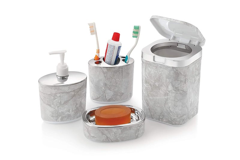 Liza Liza Bathroom Assesories Set Toothbrush Holder Soap Dish Soap Dispenser Dustbin (Set of 4, Grey, Opal, Polystyrene) - Image 1