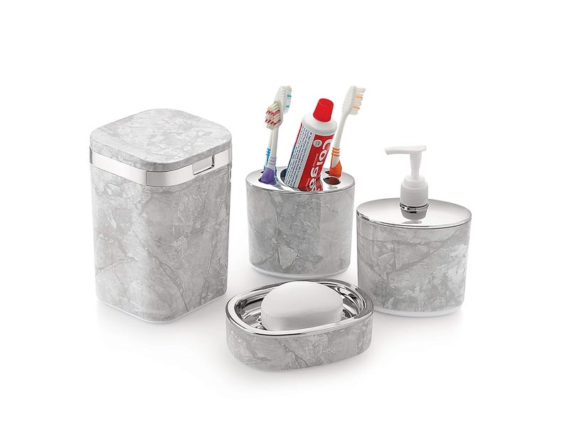 Liza Liza Bathroom Assesories Set Toothbrush Holder Soap Dish Soap Dispenser Dustbin (Set of 4, Grey, Opal, Polystyrene) - Image 2