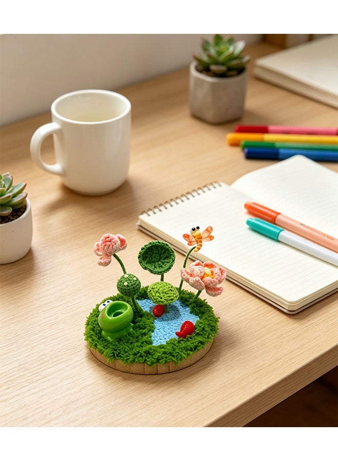 Beauenty Handmade Crochet Lotus Pond Frog Mini Landscape, Cute Dragonfly & Koi Desktop Ornament, Whimsical Home Decor, Unique Handcrafted Gift - Image 2