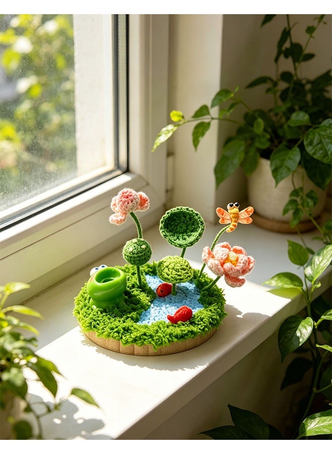Beauenty Handmade Crochet Lotus Pond Frog Mini Landscape, Cute Dragonfly & Koi Desktop Ornament, Whimsical Home Decor, Unique Handcrafted Gift - Image 3